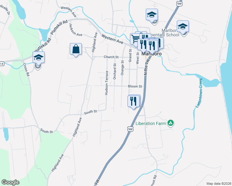 map of restaurants, bars, coffee shops, grocery stores, and more near 63 Orchard Street in Marlboro