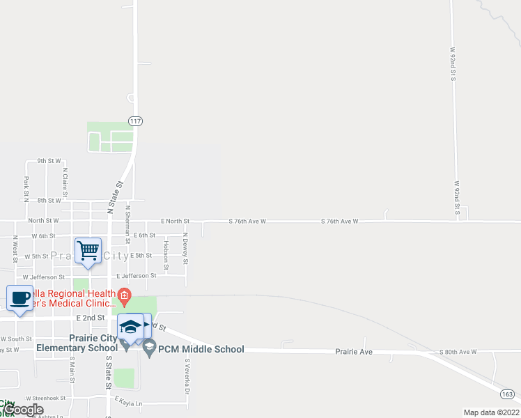 map of restaurants, bars, coffee shops, grocery stores, and more near 9714 South 76th Avenue West in Prairie City