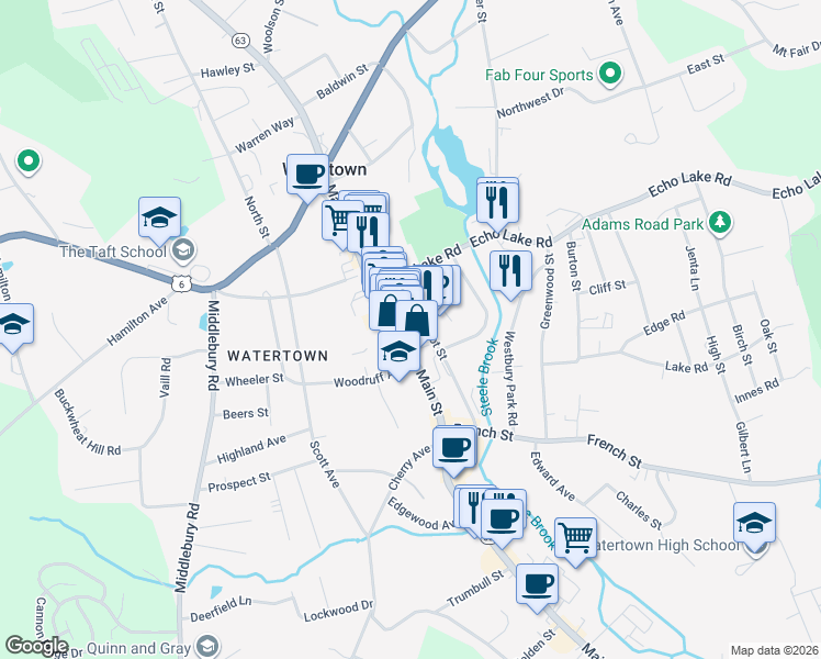 map of restaurants, bars, coffee shops, grocery stores, and more near 16 Pythian Avenue in Watertown