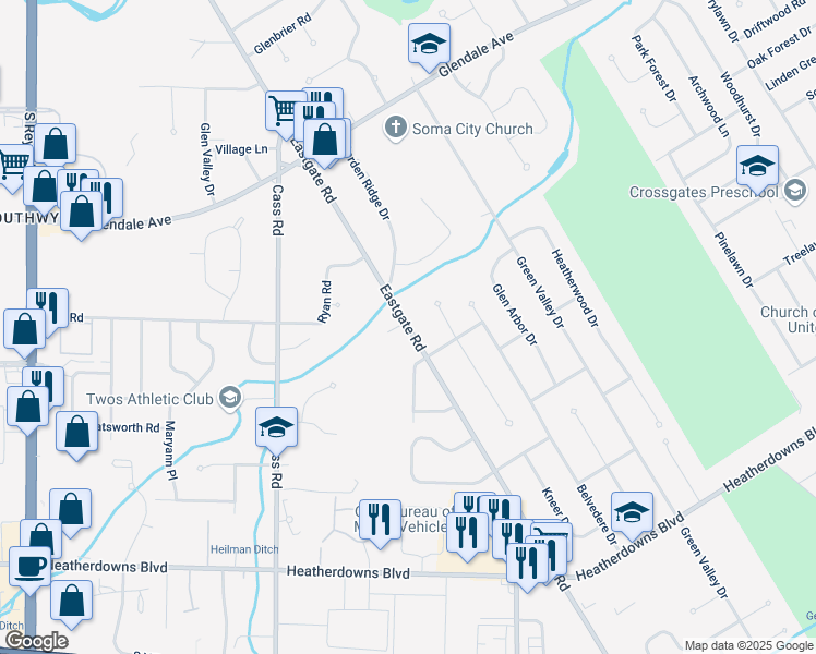 map of restaurants, bars, coffee shops, grocery stores, and more near 2102 Eastgate Road in Toledo