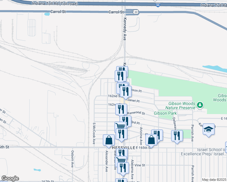 map of restaurants, bars, coffee shops, grocery stores, and more near 2710 162nd Street in Hammond