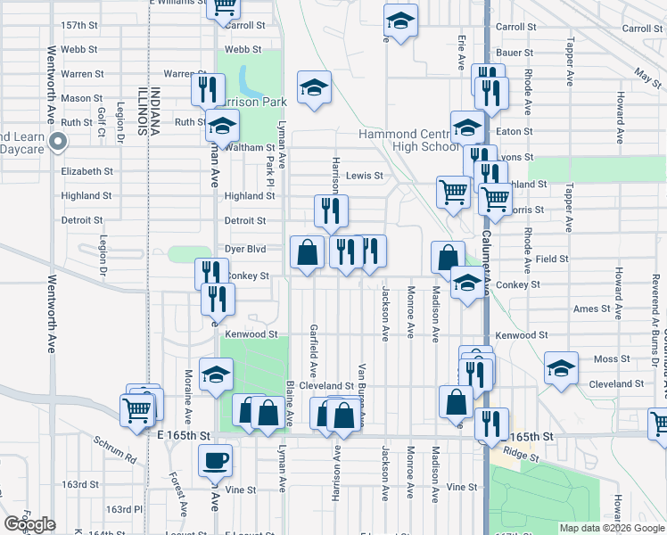map of restaurants, bars, coffee shops, grocery stores, and more near 504 Conkey Street in Hammond