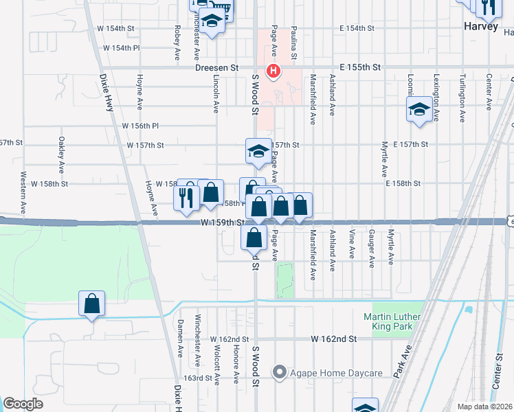 map of restaurants, bars, coffee shops, grocery stores, and more near 67a West 159th Street in Harvey