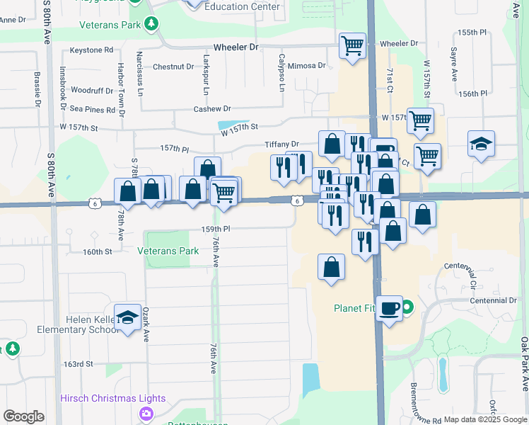 map of restaurants, bars, coffee shops, grocery stores, and more near 7500 159th Place in Tinley Park