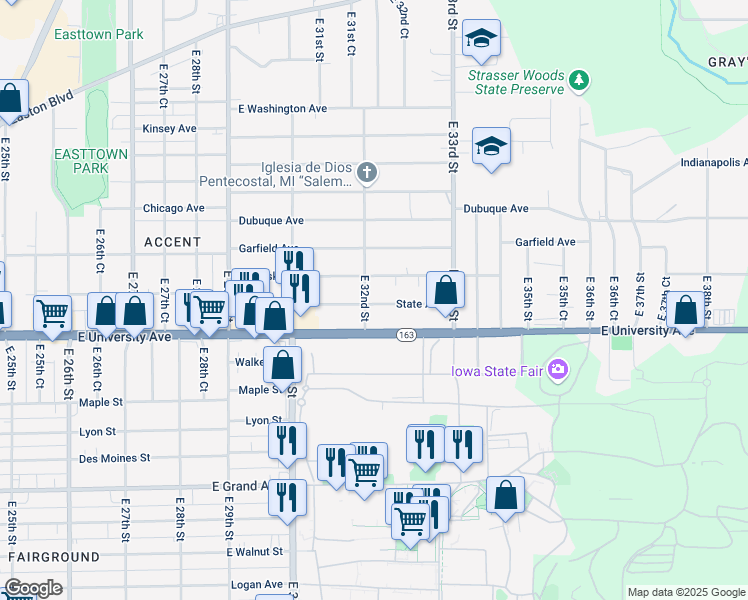 map of restaurants, bars, coffee shops, grocery stores, and more near 1211 East 32nd Street in Des Moines