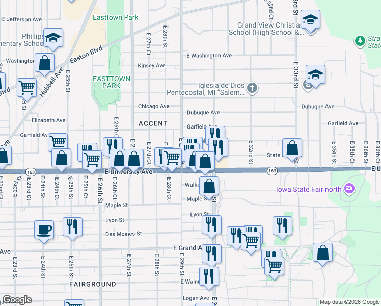 map of restaurants, bars, coffee shops, grocery stores, and more near 2900 East University Avenue in Des Moines