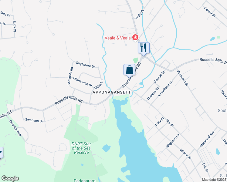 map of restaurants, bars, coffee shops, grocery stores, and more near 261 Russells Mills Road in Dartmouth