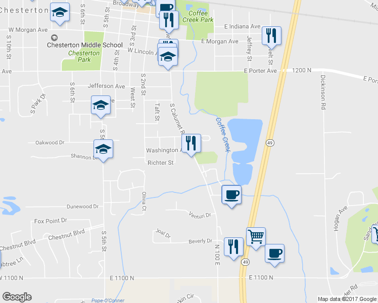 map of restaurants, bars, coffee shops, grocery stores, and more near 1000 South Calumet Road in Chesterton