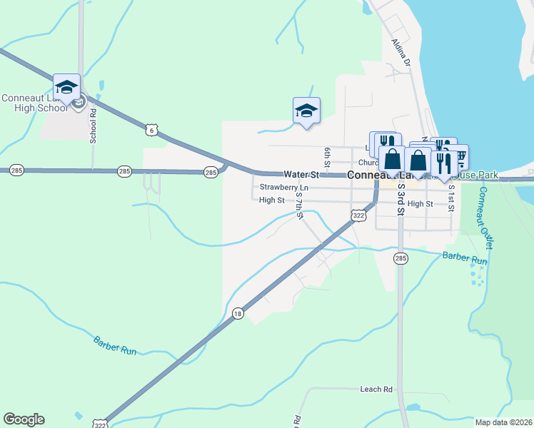 map of restaurants, bars, coffee shops, grocery stores, and more near 726 Shady Drive in Conneaut Lake