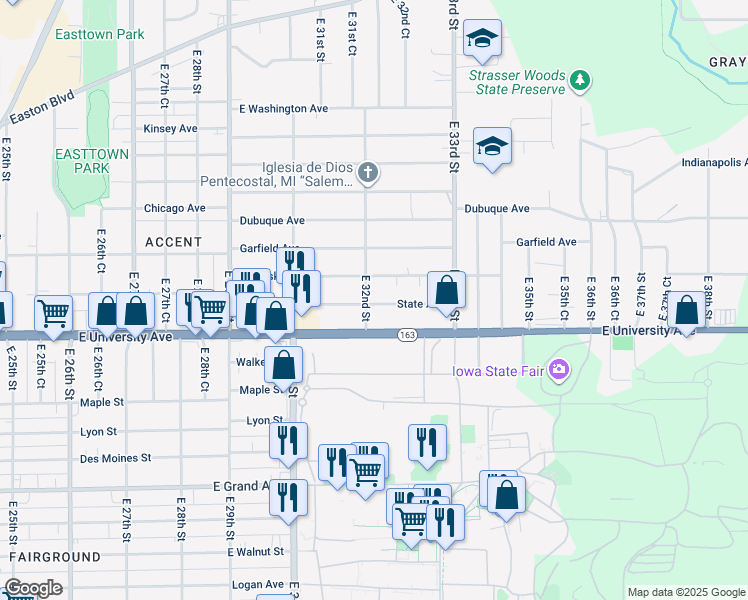 map of restaurants, bars, coffee shops, grocery stores, and more near 1211 East 32nd Street in Des Moines