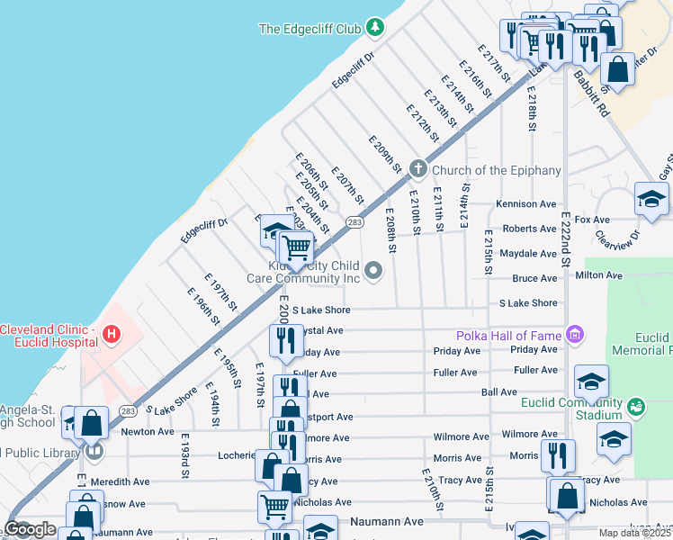map of restaurants, bars, coffee shops, grocery stores, and more near 20220 Ardwell Drive in Euclid