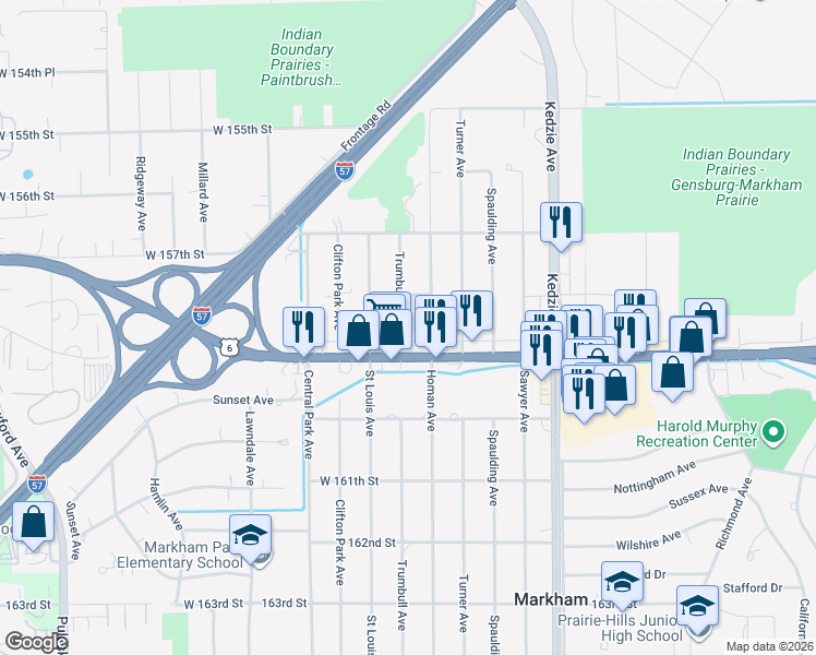 map of restaurants, bars, coffee shops, grocery stores, and more near 15831 Trumbull Avenue in Markham