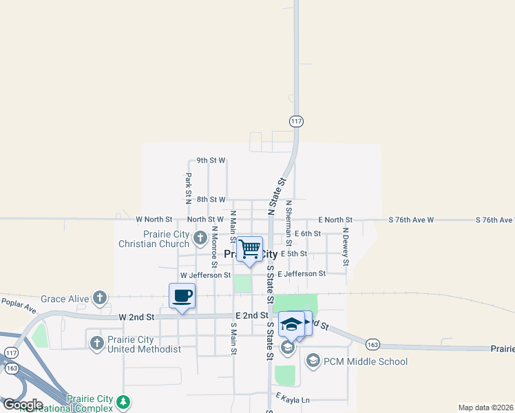 map of restaurants, bars, coffee shops, grocery stores, and more near 307 North Marshall Street in Prairie City