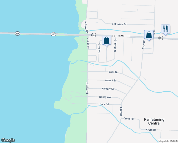 map of restaurants, bars, coffee shops, grocery stores, and more near South Lake Road in Linesville