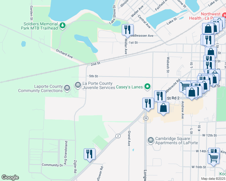 map of restaurants, bars, coffee shops, grocery stores, and more near 715 5th Street in La Porte