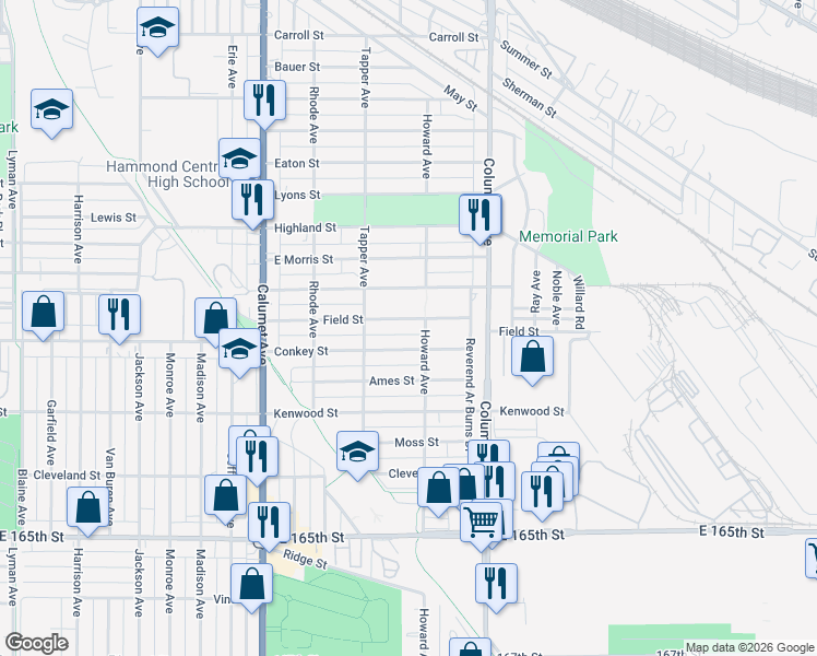 map of restaurants, bars, coffee shops, grocery stores, and more near 1104 Conkey St in Hammond