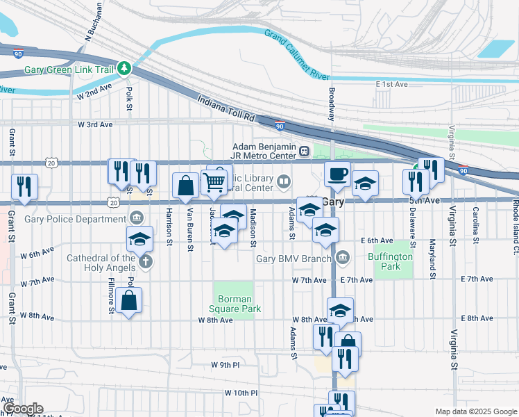 map of restaurants, bars, coffee shops, grocery stores, and more near 541 Madison Street in Gary