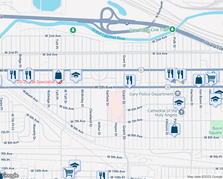 map of restaurants, bars, coffee shops, grocery stores, and more near 524 Hayes Street in Gary