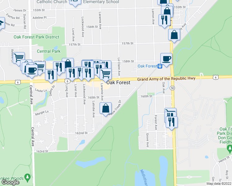 map of restaurants, bars, coffee shops, grocery stores, and more near 16000 Le Claire Avenue in Oak Forest