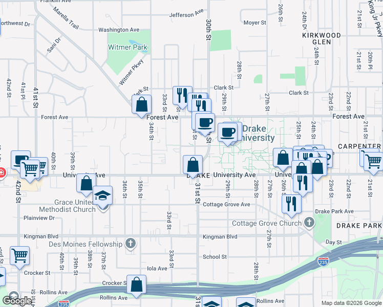 map of restaurants, bars, coffee shops, grocery stores, and more near in Des Moines