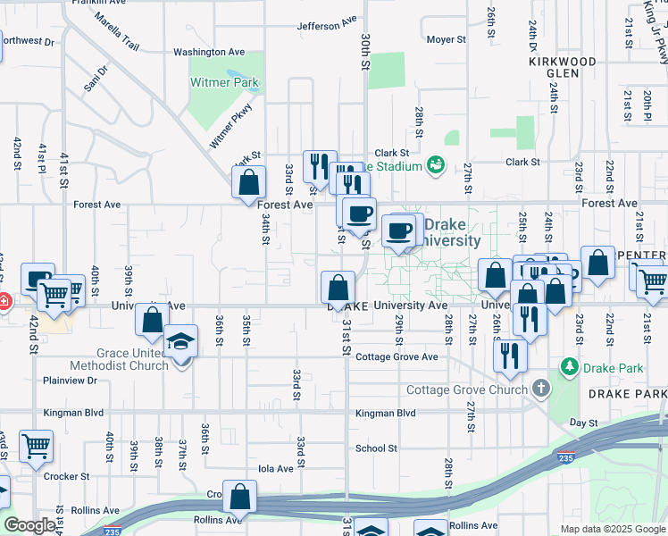 map of restaurants, bars, coffee shops, grocery stores, and more near in Des Moines