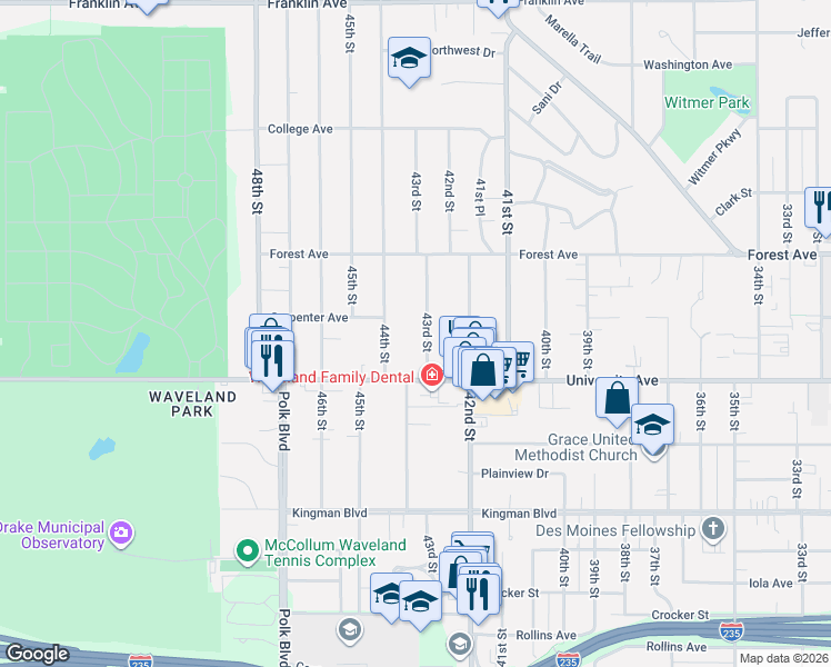 map of restaurants, bars, coffee shops, grocery stores, and more near 1214 43rd Street in Des Moines