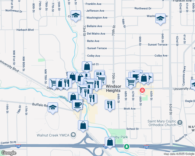 map of restaurants, bars, coffee shops, grocery stores, and more near 7101 University Avenue in Windsor Heights