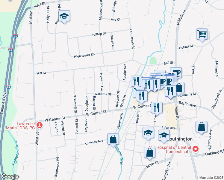 map of restaurants, bars, coffee shops, grocery stores, and more near 50 Matthews Street in Southington