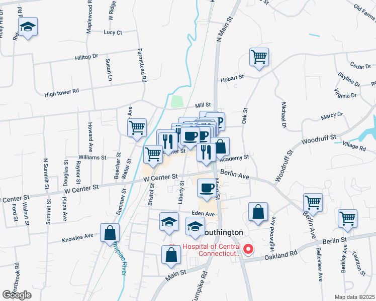 map of restaurants, bars, coffee shops, grocery stores, and more near Center Street & Liberty Street in Southington