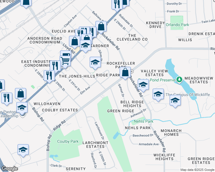 map of restaurants, bars, coffee shops, grocery stores, and more near 29213 Ridge Road in Wickliffe