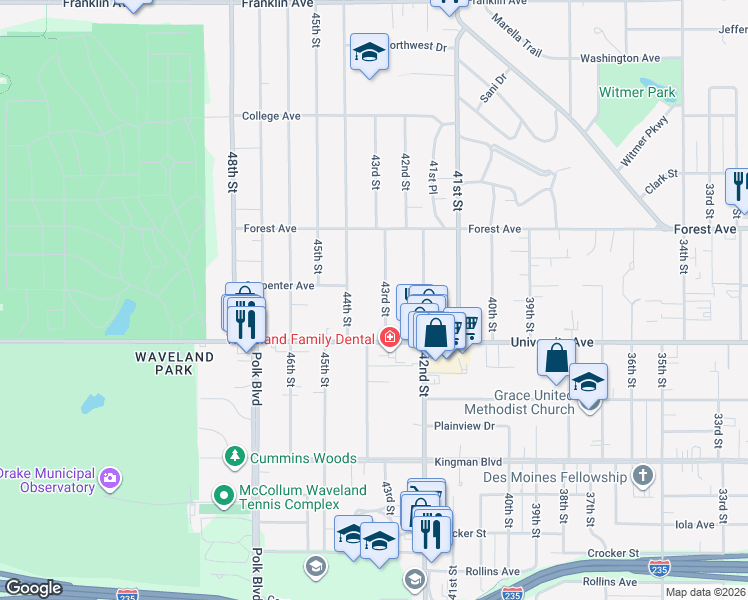 map of restaurants, bars, coffee shops, grocery stores, and more near 1214 43rd Street in Des Moines