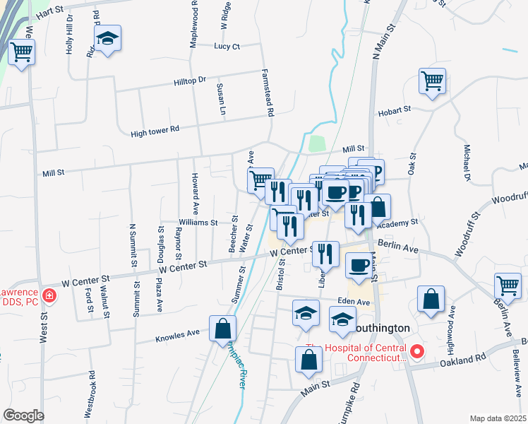 map of restaurants, bars, coffee shops, grocery stores, and more near 290 Center Street in Southington
