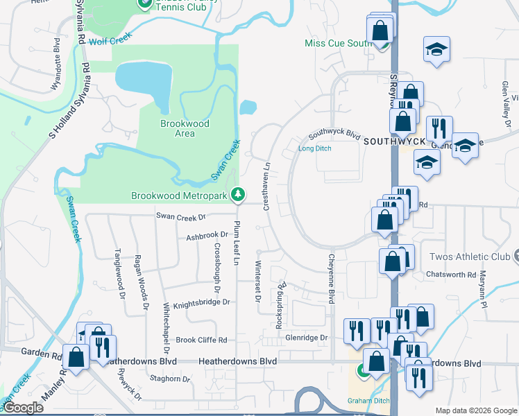 map of restaurants, bars, coffee shops, grocery stores, and more near 5609 Cresthaven Lane in Toledo
