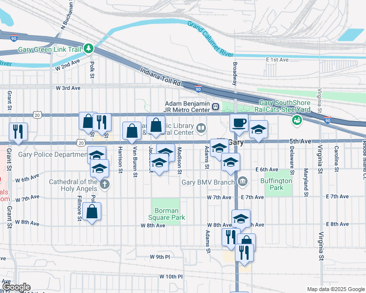 map of restaurants, bars, coffee shops, grocery stores, and more near 501 Madison Street in Gary