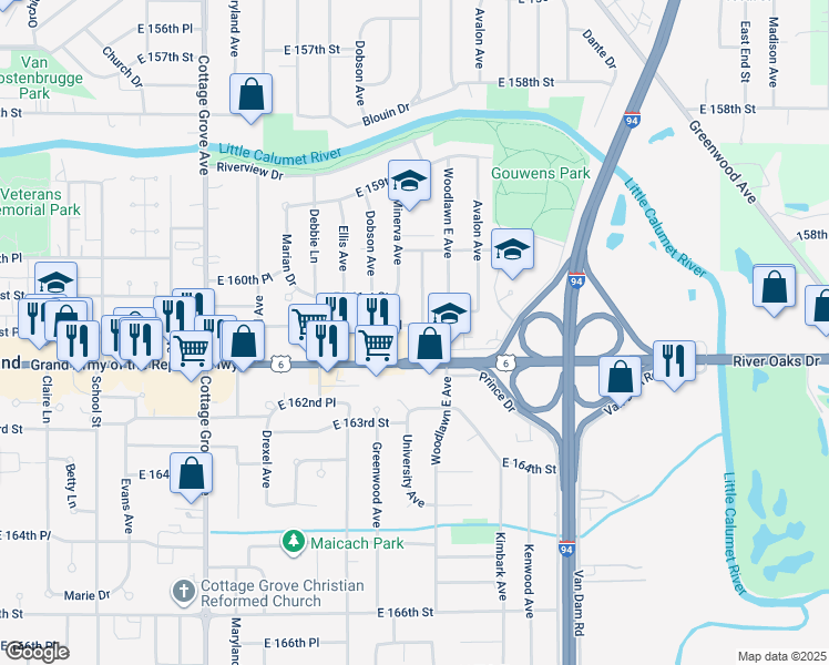 map of restaurants, bars, coffee shops, grocery stores, and more near 1125 East 161st Place in South Holland