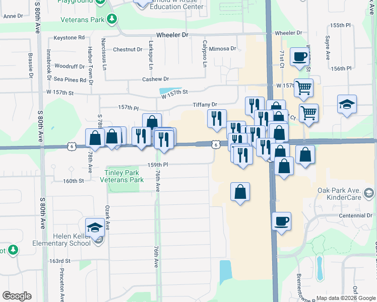 map of restaurants, bars, coffee shops, grocery stores, and more near 15919 Centerway Walk in Tinley Park