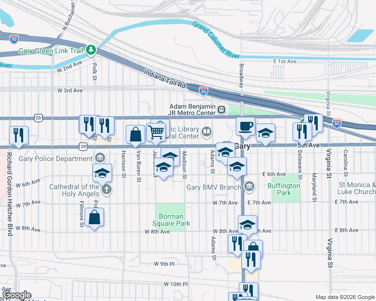 map of restaurants, bars, coffee shops, grocery stores, and more near 501 Madison Street in Gary