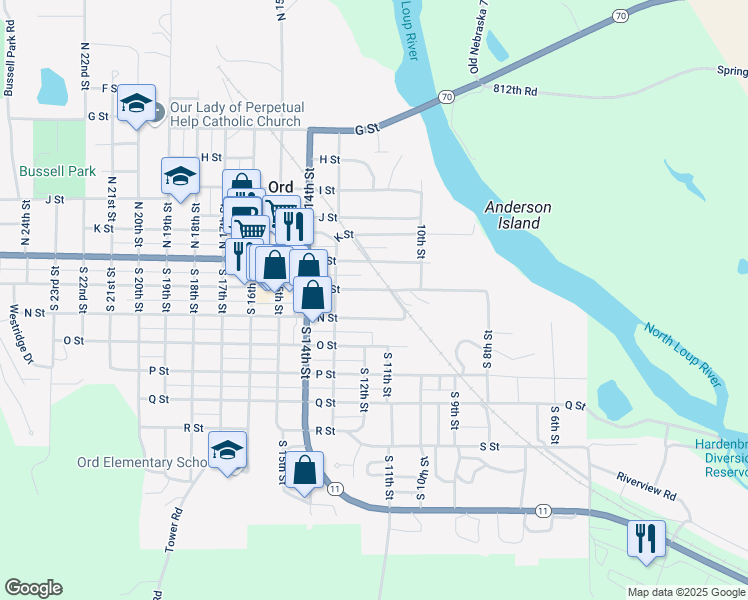 map of restaurants, bars, coffee shops, grocery stores, and more near 1090-1172 M Street in Ord