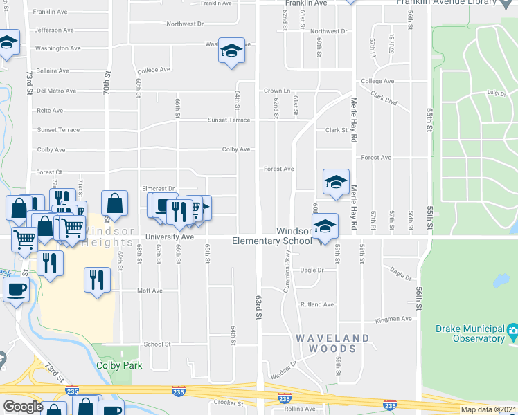 map of restaurants, bars, coffee shops, grocery stores, and more near 1235 63rd Street in Des Moines