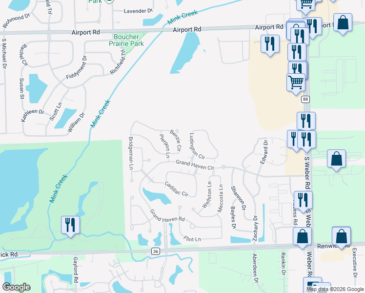 map of restaurants, bars, coffee shops, grocery stores, and more near 1556 Benzie Circle in Romeoville