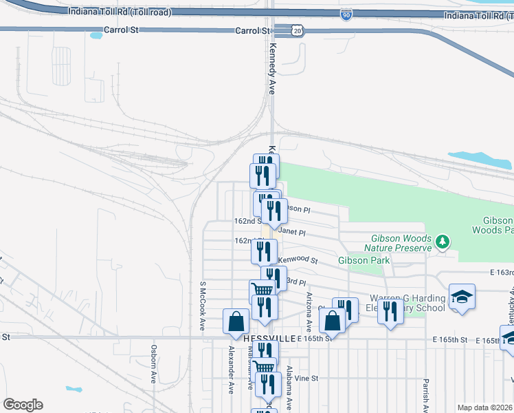map of restaurants, bars, coffee shops, grocery stores, and more near 6110 Kennedy Avenue in Hammond