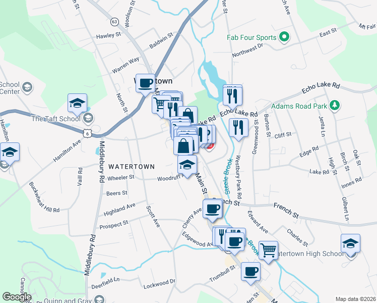 map of restaurants, bars, coffee shops, grocery stores, and more near 587 Main Street in Watertown