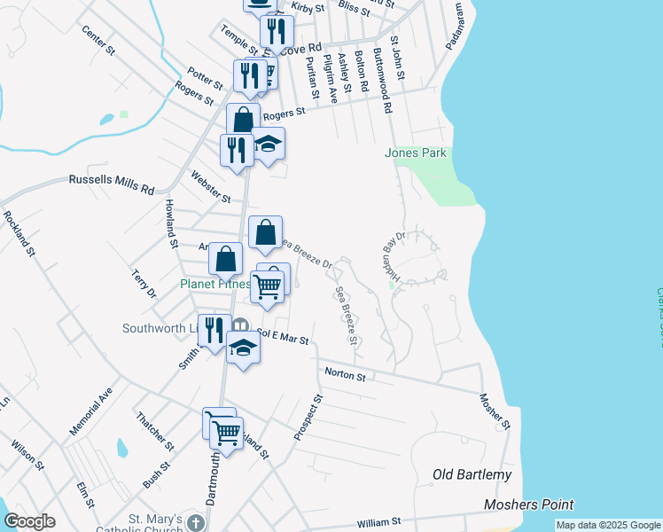 map of restaurants, bars, coffee shops, grocery stores, and more near 68 Sea Breeze Drive in Dartmouth
