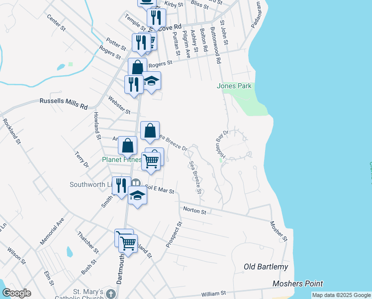 map of restaurants, bars, coffee shops, grocery stores, and more near 8-64 Sea Breeze Dr in Dartmouth