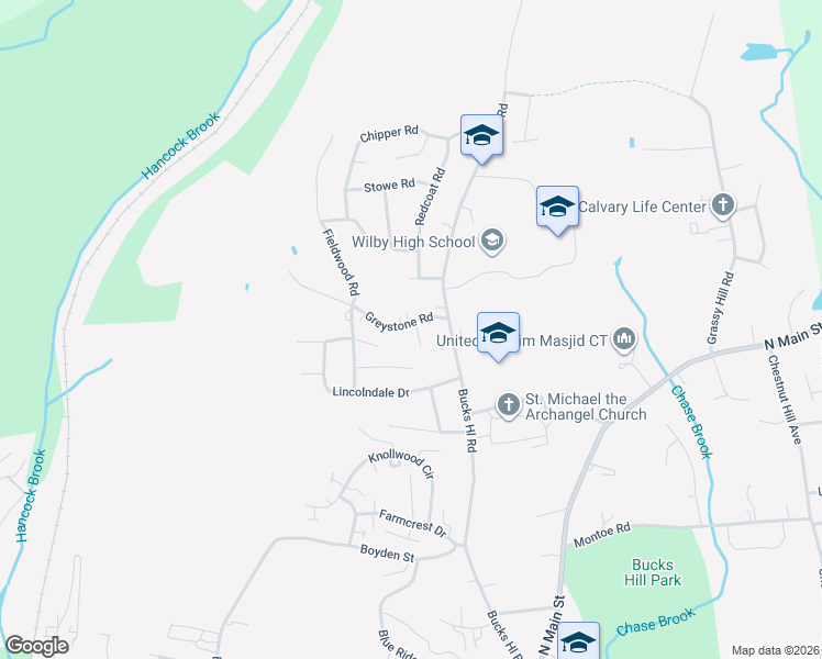 map of restaurants, bars, coffee shops, grocery stores, and more near 36 Greystone Road in Waterbury