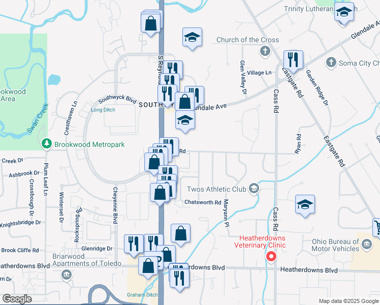 map of restaurants, bars, coffee shops, grocery stores, and more near 5115 Glendale Avenue in Toledo