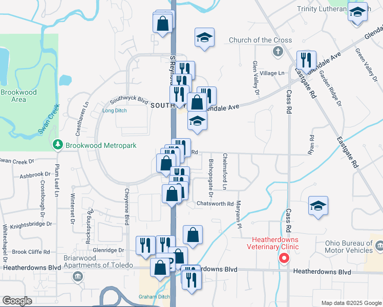 map of restaurants, bars, coffee shops, grocery stores, and more near 5115 Glendale Avenue in Toledo