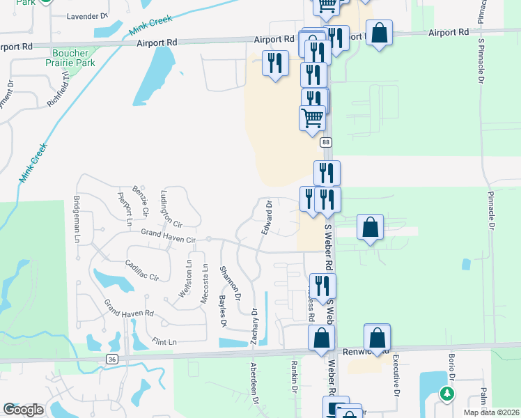 map of restaurants, bars, coffee shops, grocery stores, and more near 605 Edward Drive in Romeoville
