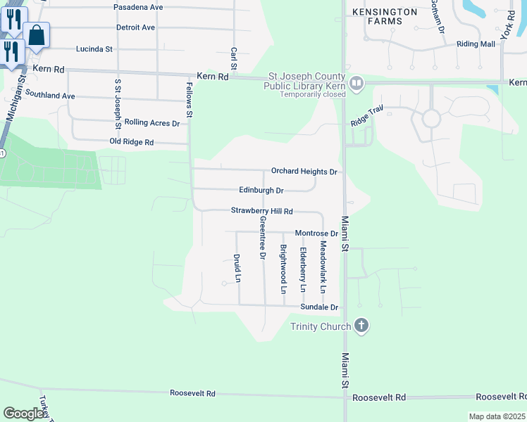 map of restaurants, bars, coffee shops, grocery stores, and more near 61356 Greentree Drive in South Bend