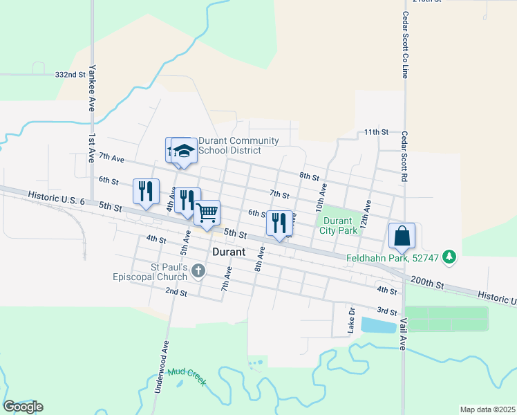 map of restaurants, bars, coffee shops, grocery stores, and more near 701-799 7th Street in Durant